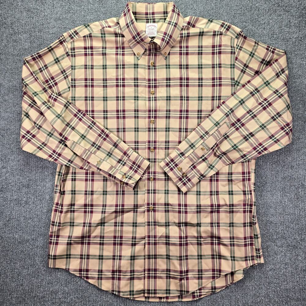Brooks Brothers Shirt Mens Large Beige Plaid Supima Cotton Button Down Non Iron